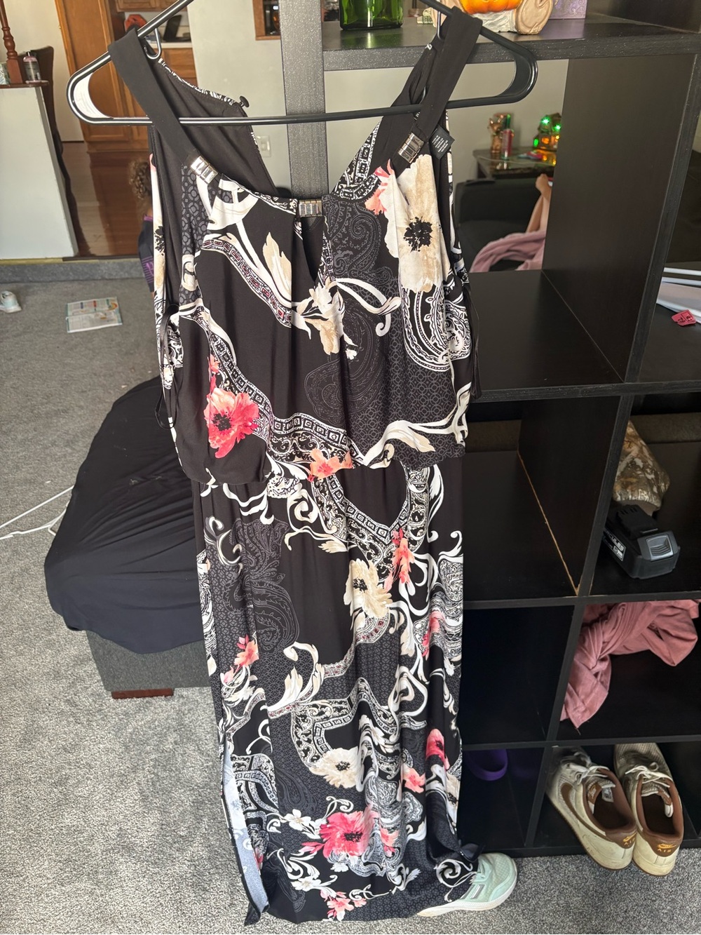 Floral Print Black Maxi Dress with Pink & Cream Accents